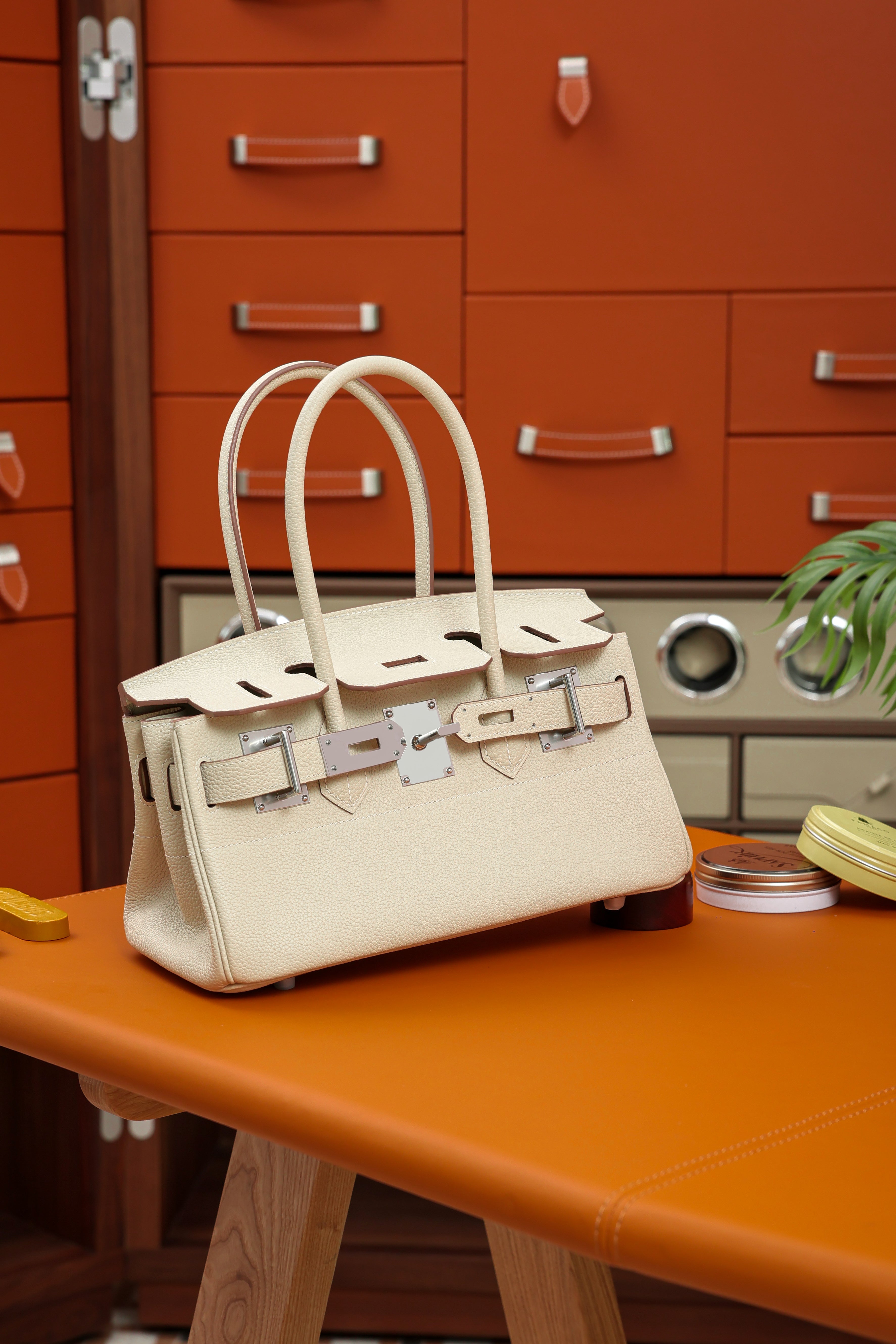 Birkin Shoulder- All Handmade Golden / Sliver Craie togo leather