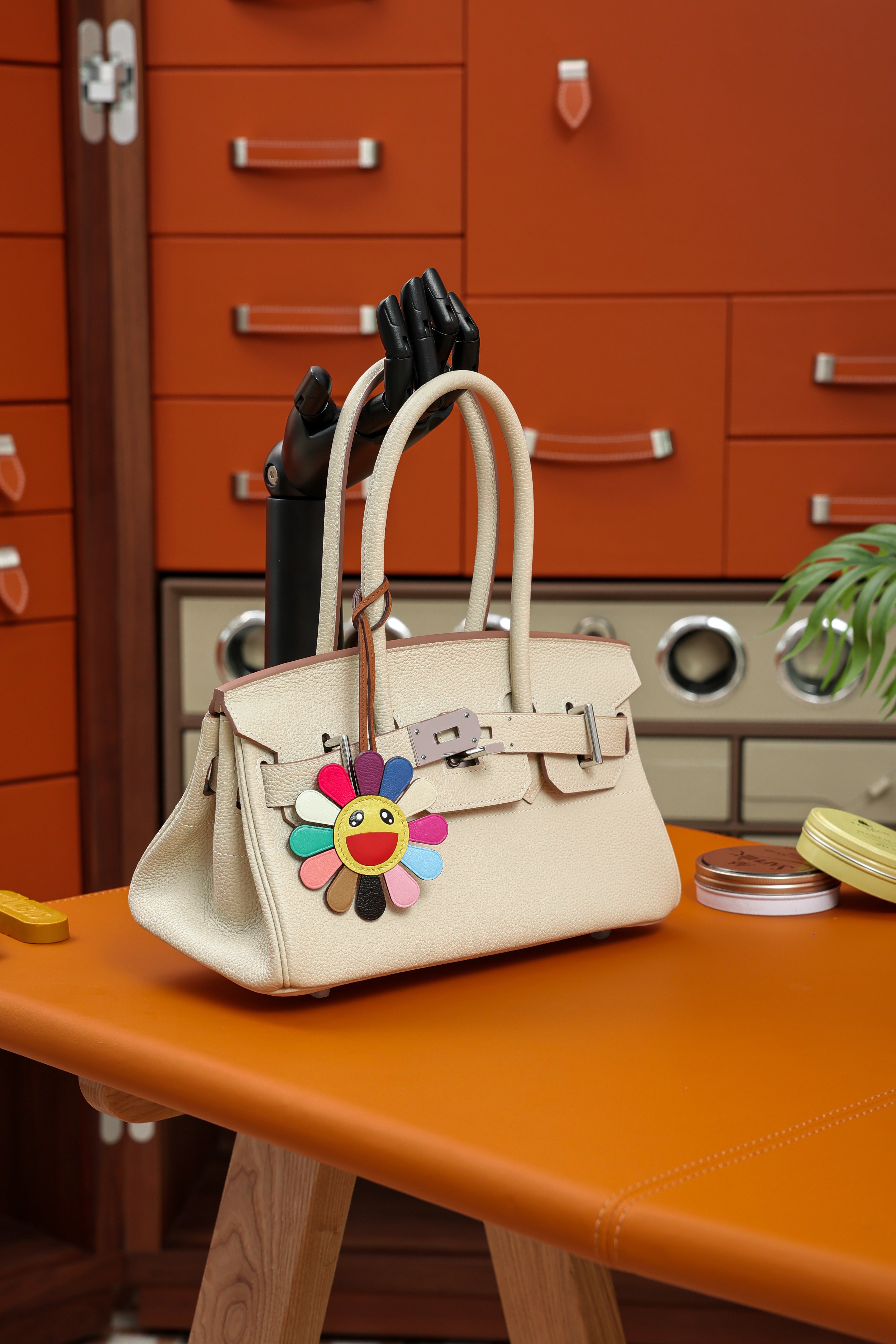 Birkin Shoulder- All Handmade Golden / Sliver Craie togo leather