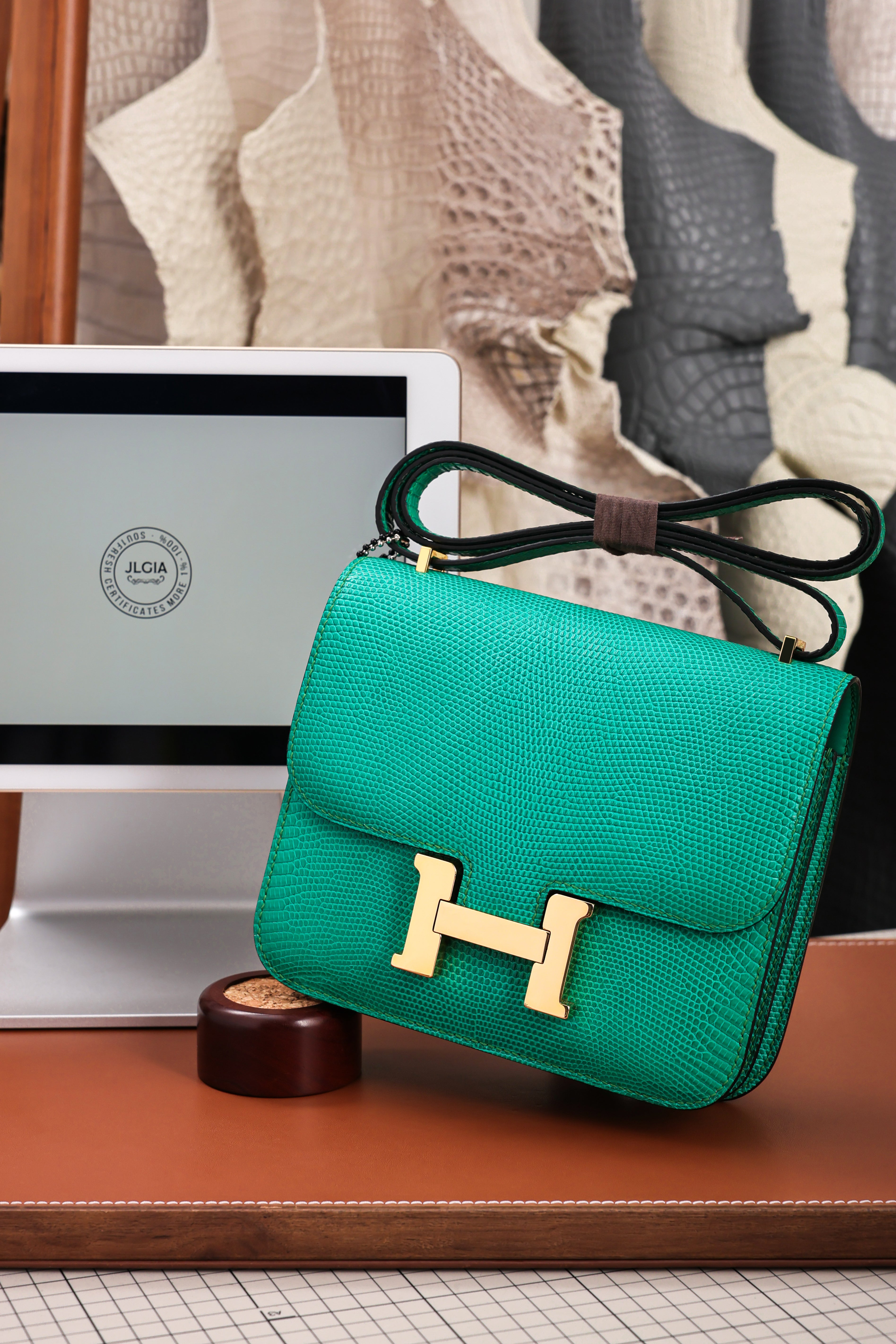 Constance- All Handmade Golden / Sliver Menthe lizard leather